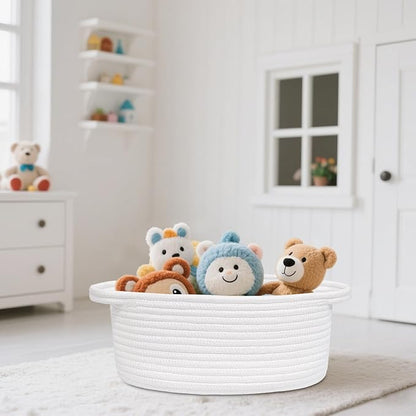 ABenkle Small Basket with Handles, Boho Decorative Rope Woven Dog Cat Toy Storage Bin Shelf Storage Organizer, Easter Christmas Gift Basket, 12"x8"x5", White