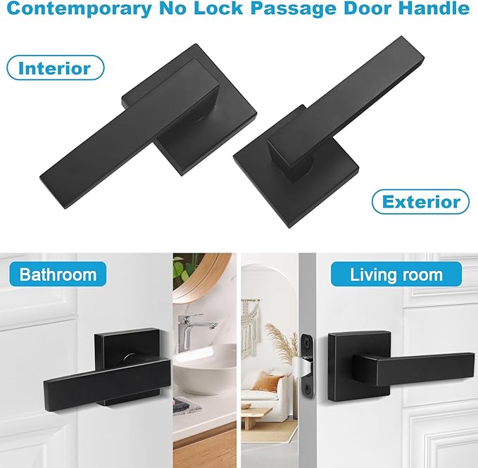 Estmoon 1 Pack Passage Door Handle Matte Black Door Lever, Interior Door Knob Square Heavy Duty Non-Locking Handlesets Hall Closet Handle, Reversible for Right & Left Sided Doors