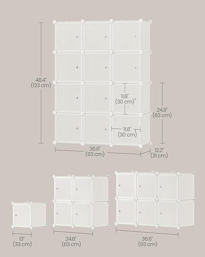 SONGMICS Cube Storage Organizer, Set of 12 Plastic Cubes, Closet Storage Shelves, DIY Plastic Closet Cabinet, Modular Bookcase, Shelving with Doors for Bedroom, Living Room, Cream White ULPC342W02