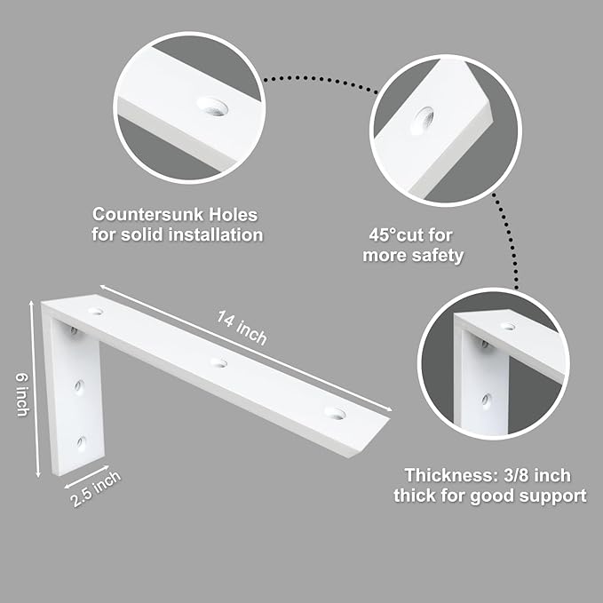 Countertop Support Bracket 3 Pack 14 Inch Heavy Duty 3/8" Thick White Granite Shelf L Bracket 14"x6"x2.5" Mantel Corbels for Quartz/Wood/Concrete/Laminate