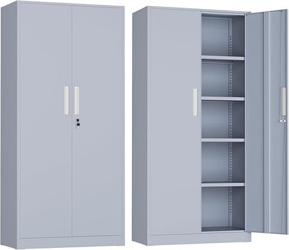 Metal Garage Storage Cabinet, 72” Lockable File Cabinets with 2 Doors and 4 Adjustable Shelves, Steel Tool Cabinets with Lock for Office, Home, Living Room, Cement Grey