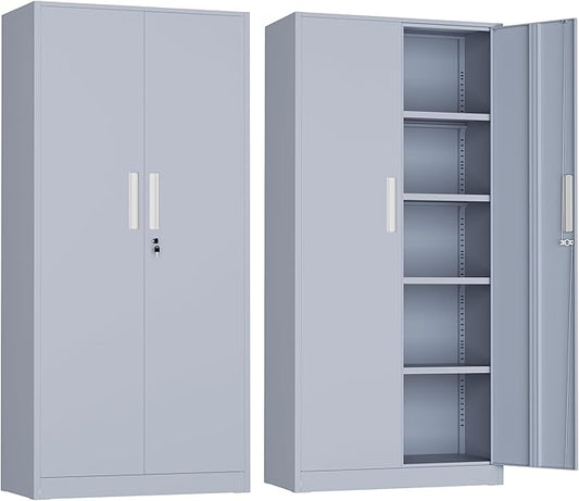 Metal Garage Storage Cabinet, 72” Lockable File Cabinets with 2 Doors and 4 Adjustable Shelves, Steel Tool Cabinets with Lock for Office, Home, Living Room, Cement Grey