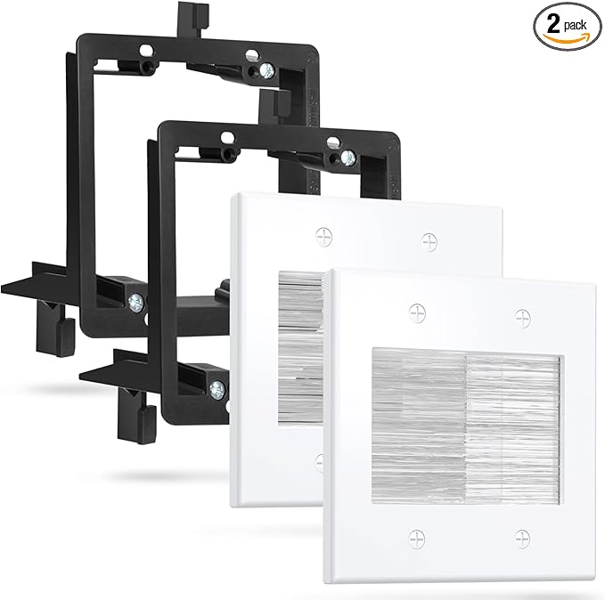 Fosmon 2-Gang Brush Wall Plate 2 Pack White, Double Gang Cable Management Kit for Cable pass through, Wire Cord Hider for Wall Mounted TV, Coaxial, HDMI, Ethernet Speaker Wires with Black Bracket