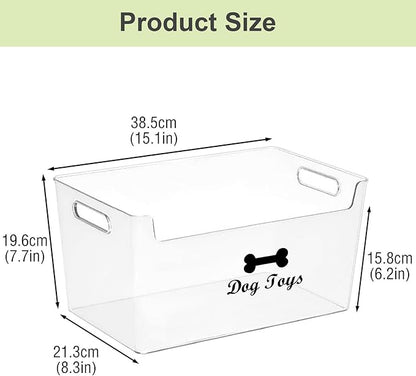 Dog Toy Basket with Handle - Clear Plastic Waterproof Dog Storage Organizer for Toys, Blankets, Leashes, Treats & Grooming Supplies - 1Pack