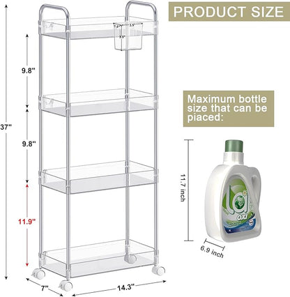 SPACEKEEPER Acrylic Rolling Storage Cart 4 Tier Clear Bathroom Cart Organizer, Transparency Rolling Utility Cart Laundry Room Organization Multifunction Mobile Shelving Unit for Office, Living Room