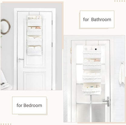 Dahey Over The Door Organizer Boho Nursery Storage Decor Closet Hanging Organizer with Tassels Decoration for Bedroom Nursery Bathroom Apartments Dorm Pantry, 4 Pockets, White