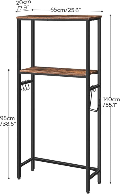 HOOBRO Over The Toilet Storage, 2-Tier Bathroom Organizer Over Toilet, Freestanding Bathroom Storage Shelves with Toilet Paper Holder and Hooks, Space Saver for Room, Rustic Brown and Black BF49TS01