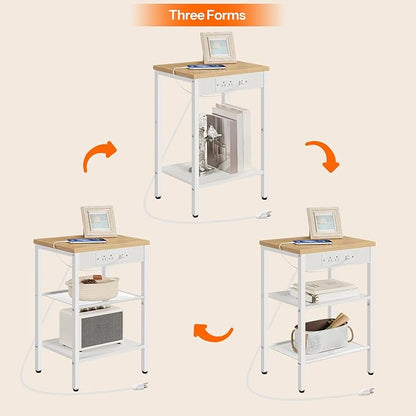 HOOBRO Side Table with Charging Station and USB Ports, Small End Table for Small Space, 3-Tier Nightstand with Adjustable Shelf, for Living Room, Bedroom and Balcony, Natural and White WN112BZ01