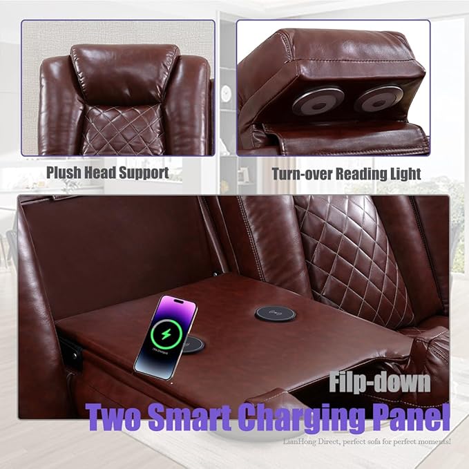 Leather Power Recliner Sectional Sofa, Brown Power Sectional Sofa Sets, LED Reclining Couch Set for Living Room, L-Shaped Couch with LED, Read Light, Arm Storage & Cup Holders for Home/Office