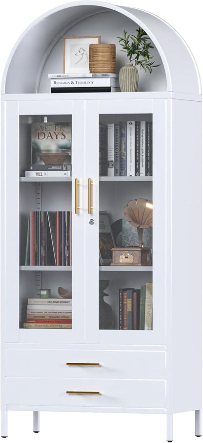 73'' Tall Metal Arched Display Cabinet with Glass Doors, Freestanding Arch Kitchen Pantry Cabinet with 2 Drawers for Home Office Bookcase(White)