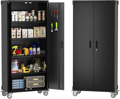 GarveeHome Metal Storage Cabinet with Wheels, Steel Tool Cabinet with Pegboard and 4 Adjustable Shelves, Lockable Rolling Garage Cabinet for Home, Garage, Office Organization (Deep Black)