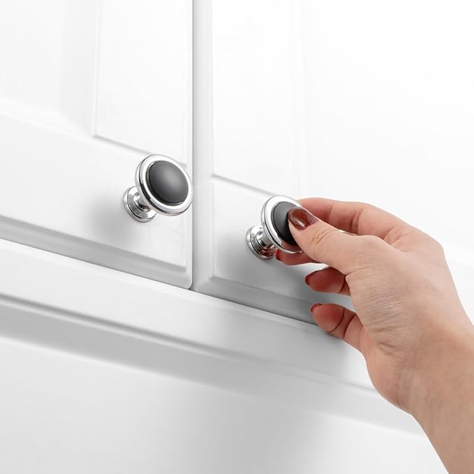 KOOFIZO 10 Pack Black and Chrome Kitchen Cabinet Knobs Matte Black and Chrome Drawer Knobs 1960 Round Single Hole Cabinet Pulls for Cabinets Drawers Dresser Cupboard Bedroom Bathroom