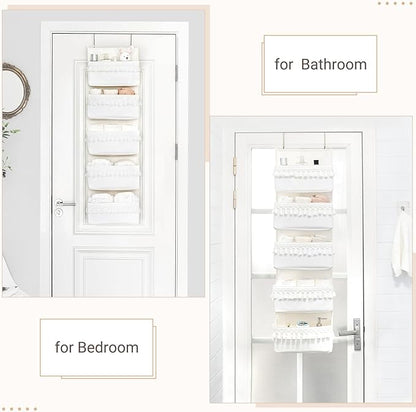 Dahey Over The Door Organizer Boho Nursery Storage Decor Closet Hanging Organizer with Tassels Decoration for Bedroom Nursery Bathroom Apartments Dorm Pantry, 5 Pockets, White