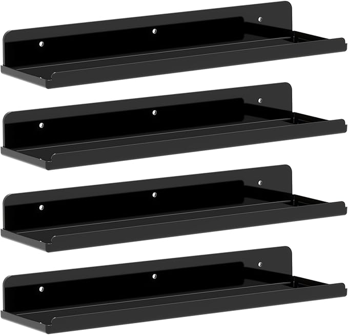 Lifewit Floating Shelves for Bathroom, 15" Clear Wall Organizer for Makeup, Perfume, Figures, Photo, Decor Shelf for Nursery, Living Room, Bedroom, Kitchen, Over Toilet Storage Rack, Black, 4 Pack