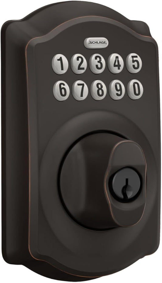 Schlage BE365 V CAM 716 Camelot Keypad Deadbolt, Electronic Keyless Entry Lock, Aged Bronze