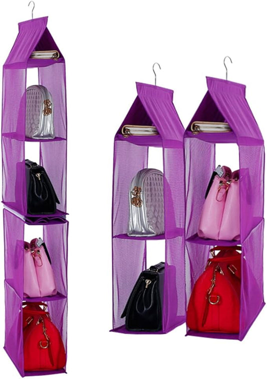Detachable 4 Compartment Organizer Pouch Hanging Handbag Organizer Clear Purse Bag Collection Storage Holder Wardrobe Closet Space Saving Organizers System for Living Room Bedroom Home Use (Purple)
