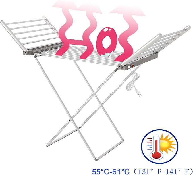 (1 Pack) Heated Clothes Drying Rack, Folding Electric Clothes Rack, Collapsible Laundry Drying Rack, Free Standing Heating Garment Dryer Towel Rail Space Saving for Home Indoor Outdoor