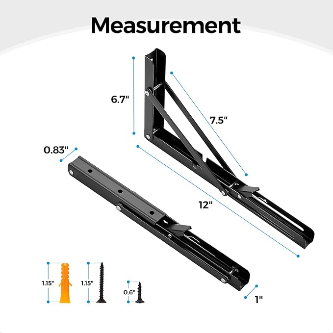 Home Expert 12 Inch Folding Shelf Brackets, 4 Pack (2 Pairs) Heavy Duty Metal Collapsible Wall-Mounted Brackets, Space-Saving DIY Foldable Shelf for Benches and Tables, Matte Black