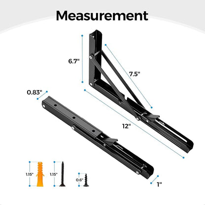 Home Expert 12 Inch Folding Shelf Brackets, 6 Pack (3 Pairs) Heavy Duty Metal Collapsible Wall-Mounted Brackets, Space-Saving DIY Foldable Shelf for Benches and Tables, Matte Black