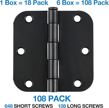 JIW 108 Pack Black Door Hinges for Doors 3.5 x 3.5 Inch Interior Matte Black Hinges for Doors 3 1/2 Inch Door Hinge 5/8 Inch Radius Corners Standard Residential