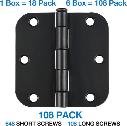 JIW 108 Pack Black Door Hinges for Doors 3.5 x 3.5 Inch Interior Matte Black Hinges for Doors 3 1/2 Inch Door Hinge 5/8 Inch Radius Corners Standard Residential