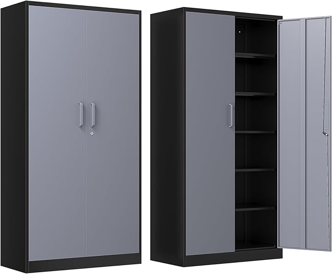 Metal Storage Cabinet with Lock,71" Garage Cabinets with 2 Doors and 4 Adjustable Shelves, Steel Locking Caninets Tall Tool Storage Caninet, Lockable File Cabnet for Home Office, Pantry