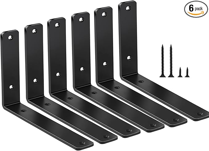 6 Pack - L 8" x H 6" x W1.5, 5mm Thick Black L Shelf Bracket, Iron Shelf Brackets, Metal Shelf Brackets, Floating Shelf, Shelf Supports with Screws