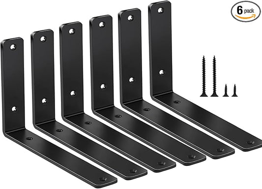 6 Pack - L 8" x H 6" x W1.5, 5mm Thick Black L Shelf Bracket, Iron Shelf Brackets, Metal Shelf Brackets, Floating Shelf, Shelf Supports with Screws
