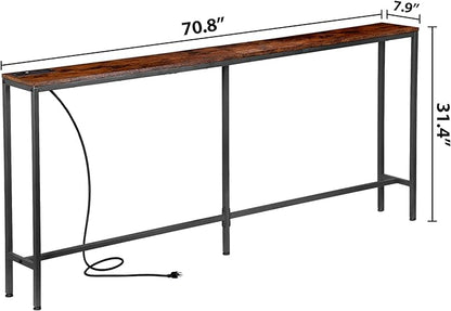 ZENY 70 Inch Console Table with Outlet, Narrow Sofa Table with Charging Station, Hallway Table for Living Room, Entryway, Foyer, Rustic Brown