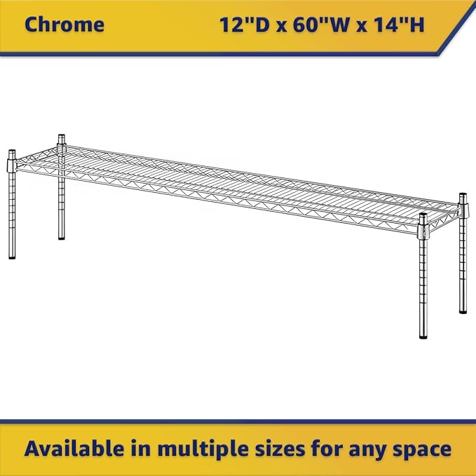 12" x 60" x 14" Chrome Wire Storage Shelf, Dunnage Rack, Commercial 1 Tier Small Shelf