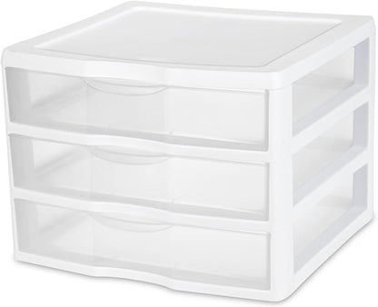 Sterilite 3-Pack Wide 3 Drawer Unit, Plastic Desktop Organizer with Clear Drawers, White Frame - Stackable Multi-Purpose Storage for Office Supplies, Craft Rooms, Classrooms and Home Organization