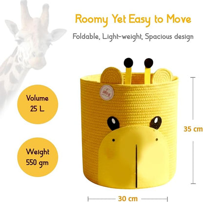 Kids Laundry Basket & Toy Storage Organizer | Large Giraffe Woven Cotton Rope Bin for Stuffed Plushies | Animal Face Hamper with Cutout Handles for Nursery, Playroom & Kid's Bedroom (Giraffe)