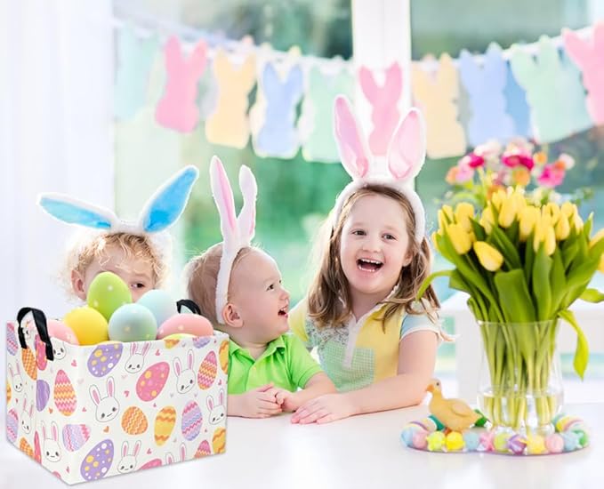 Easter Baskets for Kids Gift Easter Basket Empty Baby Basket for Boys and Girls Rectangular Toy Storage Bins Organizer Bin Box Cute Bunny Room Decor for Home(Bunny Egg)