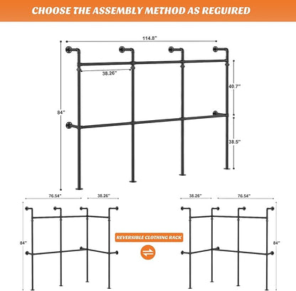 Aheaplus Industrial Pipe Clothing Rack, Reversible 9.85FT Clothes Rack for Hanging Clothes, Heavy Duty Garment Racks, Wall Mounted Closet Wardrobe Racks, Corner L Shaped Walk-in Closet System, Black