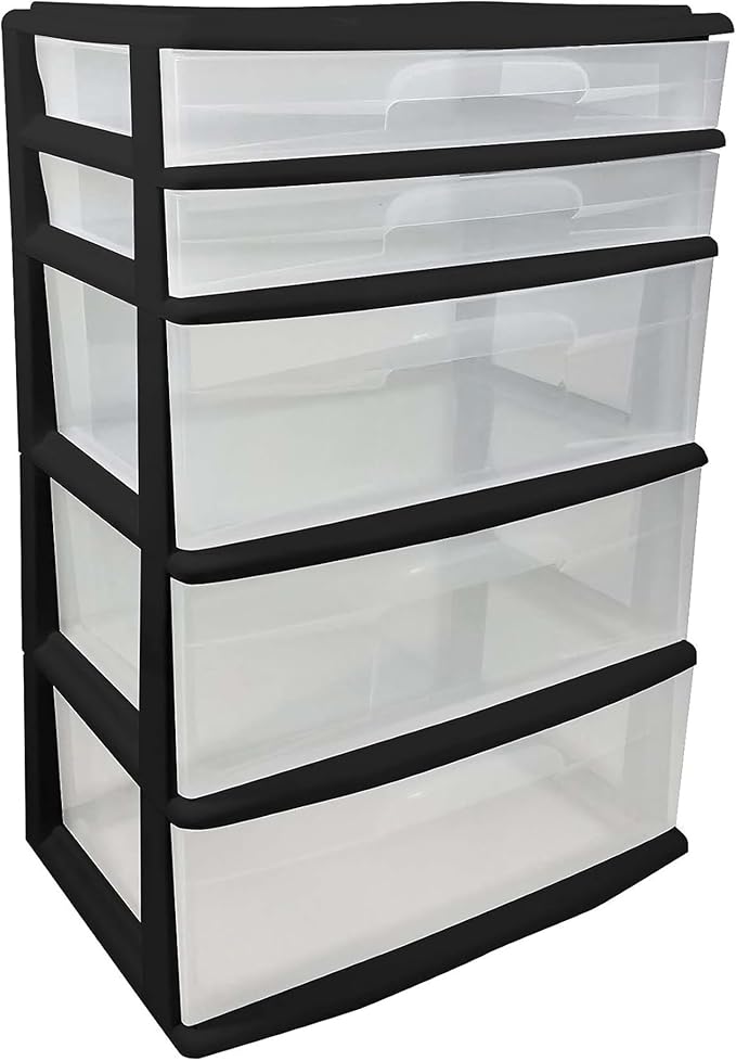 HOMZ Drawer Tower, 5-Tier Extra-Wide Clear Plastic Storage Organizer Cart, Black Frame - Stackable Container Boxes for Bedroom, Bathroom, Garage, and Office Organization