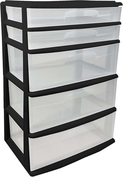 HOMZ Drawer Tower, 5-Tier Extra-Wide Clear Plastic Storage Organizer Cart, Black Frame - Stackable Container Boxes for Bedroom, Bathroom, Garage, and Office Organization