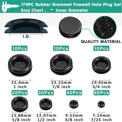 Rubber Grommet Kit 170 Pack - Black Firewall Grommet Assortment 7 Sizes Rubber Cable Hole Plug for Holes, Electrical, Plumbing, Automotive, Boat, Home Improvement Cord Wire Pipe Organization