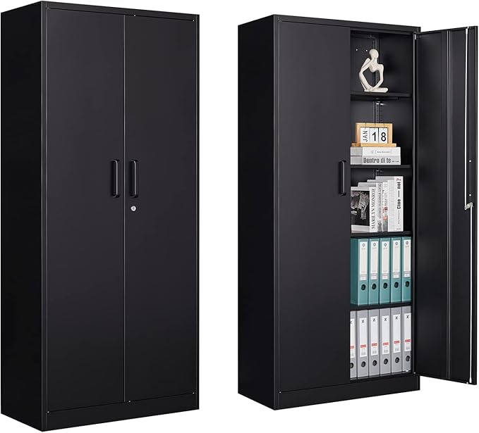 Metal Garage Storage Cabinet, 71" Locking Cabinet with 2 Doors and 4 Adjustable Shelves, Black