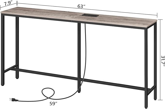 63" Console Table with Power Outlet, Narrow Sofa Table, Industrial Entryway Table with USB Ports, Behind Couch for Entryway, Hallway, Foyer, Living Room, Greige CTHG16E01Z1