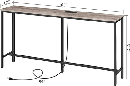 63" Console Table with Power Outlet, Narrow Sofa Table, Industrial Entryway Table with USB Ports, Behind Couch for Entryway, Hallway, Foyer, Living Room, Greige CTHG16E01Z1