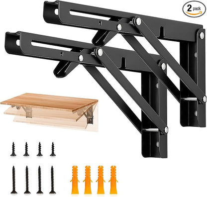 JOY DECOR 10 Inch Heavy Duty Folding Shelf Brackets, 2 Pack (1 Pair) Collapsible Wall Mounted Brackets for Fold Down Table, Stainless Steel Folding Table Hinge, Matte Black