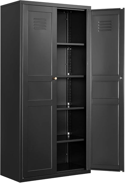 Metal Storage Cabinet-71” Tall Steel File Cabinets with Doors and 5 Adjustable Shelves-Black Steel Storage Cabinet for Home,Kitchen, School, Office, Garage