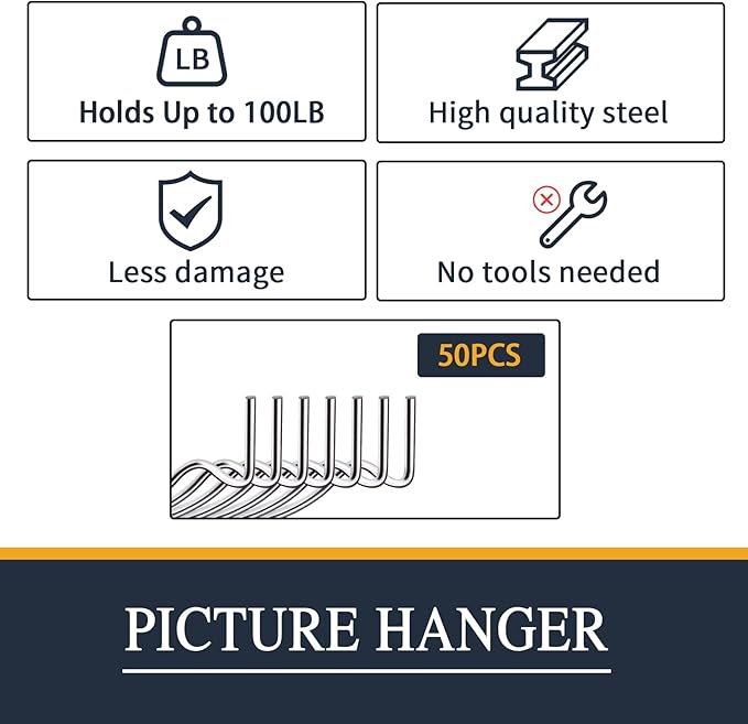 Picture Hanger Super Hook 50PCS,High-Quality Steel Picture Hanger Hercules Hooks,Used for Drywall, Wood Wall, Plaster Wall, can Hang Photos, Art, Clock, Mirror