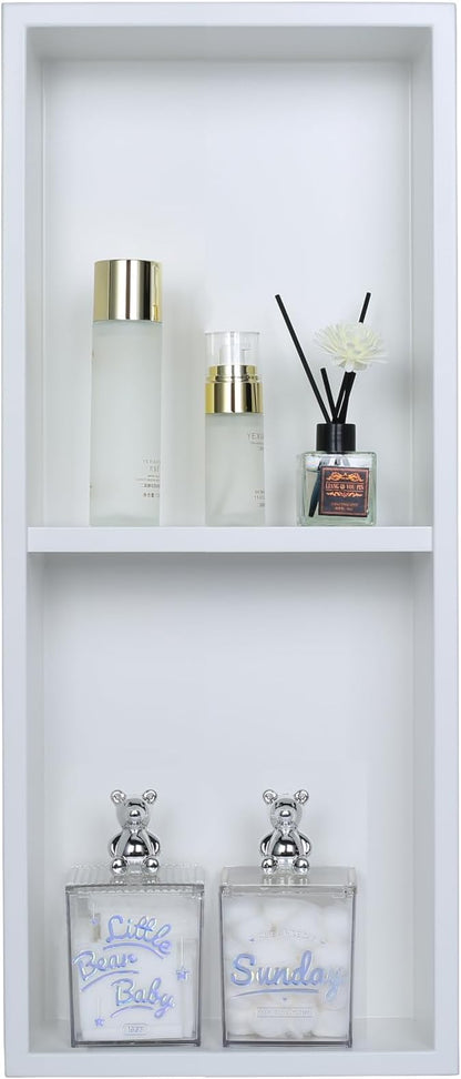 Narrow Shower Niche for Tiny Shower Room Storage, Insert Tile Ready, Double Shelves, Stainless Steel,(White, 24 * 8 in)