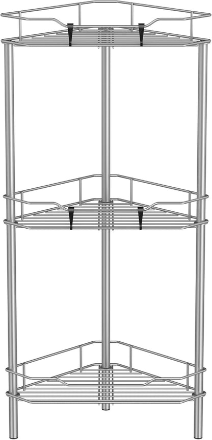3 Tier Floor Standing Corner Shower Caddy Organizer Shelf with Hooks, Bathroom Shelves Stand Rack, Gray
