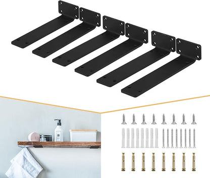 CLT Shelf Bracket( Black) , 8” Quarter Inch (1/4") Thick- Max Load: 220 lb Rustic Industrial Modern Farmhouse Heavy Duty Bracket for DIY Table Bench, Pack of 6