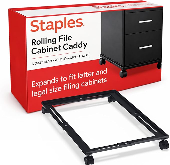Staples Adjustable File Caddy Letter/Legal Files, Black, Heavy Duty, Fits Filing Cabinets with Wheels