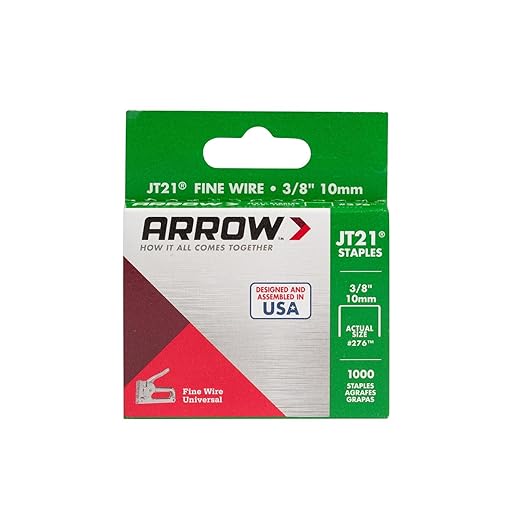 Arrow 276 JT21 Thin Wire Staples for Staple Guns and Staplers, Use for Upholstery, Crafts, General Repairs, 3/8-Inch Leg Length, 7/16-Inch Crown Width, 1000-Pack
