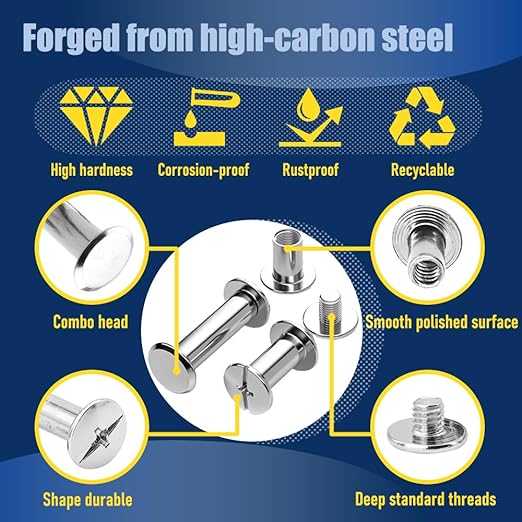 130 Sets Silvery Chicago Screws Leather Rivets Kit, 7 Sizes (M5*4,5,6,8,10,12,15) & 3 Screw Lengths (M4*3,4,5) for Belts, Bookbinding, DIY Leather (Silvery)