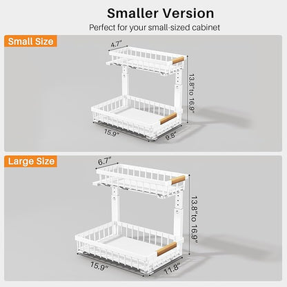 PXRACK Under Sink Organizer, Adjustable Height, 2-Pack 2 Tier Pull Out Under Cabinet Organizer, Slide Out Thickened Metal Under Sink Storage for Kitchen Bathroom Laundry Pantry Cabinet, S, White